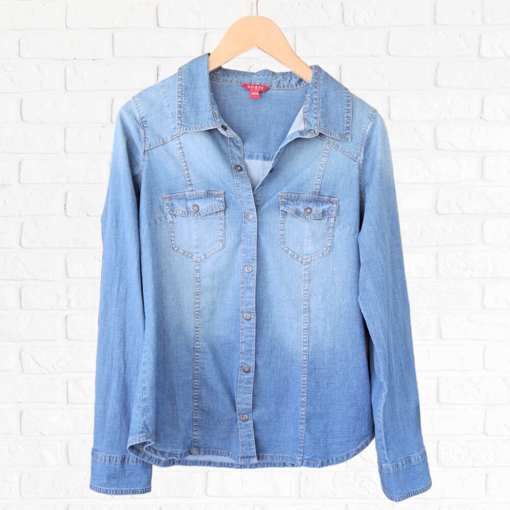GUESS  Blue Denim Snap Front Western Shirt Large Coastal Cowgirl Long Sleeve - Picture 6 of 7